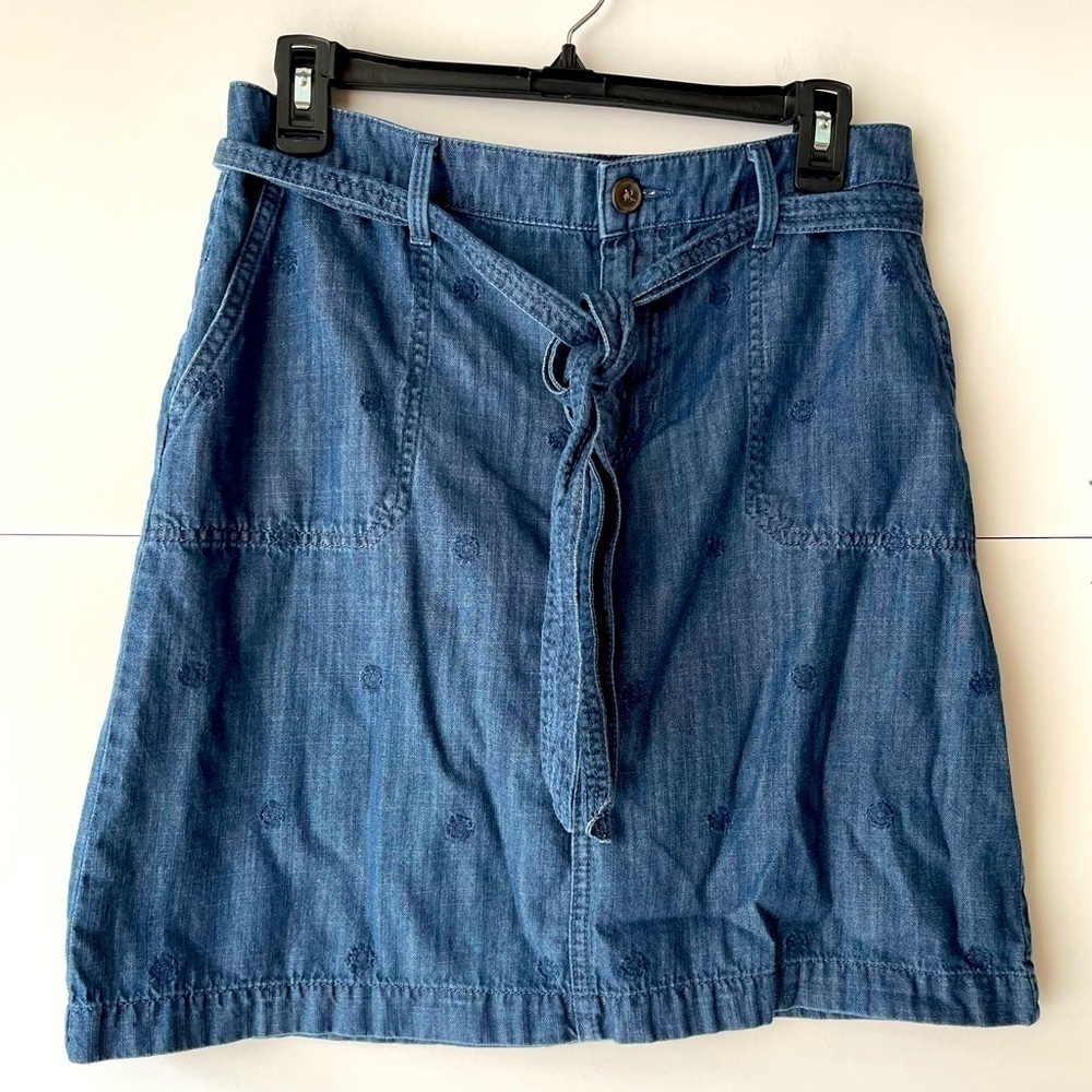 Talbots Petite Short Mini Denim Skirt Embroidered Belted Flared Casual Skirt, 6P